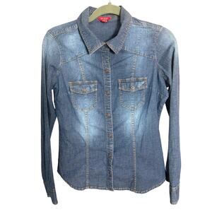 Guess Denim Button Up Shirt Medium Fitted Western Chambray Jean Top Women